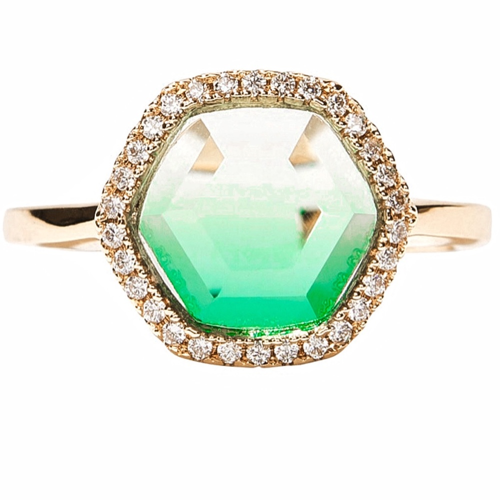 Ombre Aquamarine 14K Gold Ring With Hexagonal Stone Surrounded By Pave CZ's